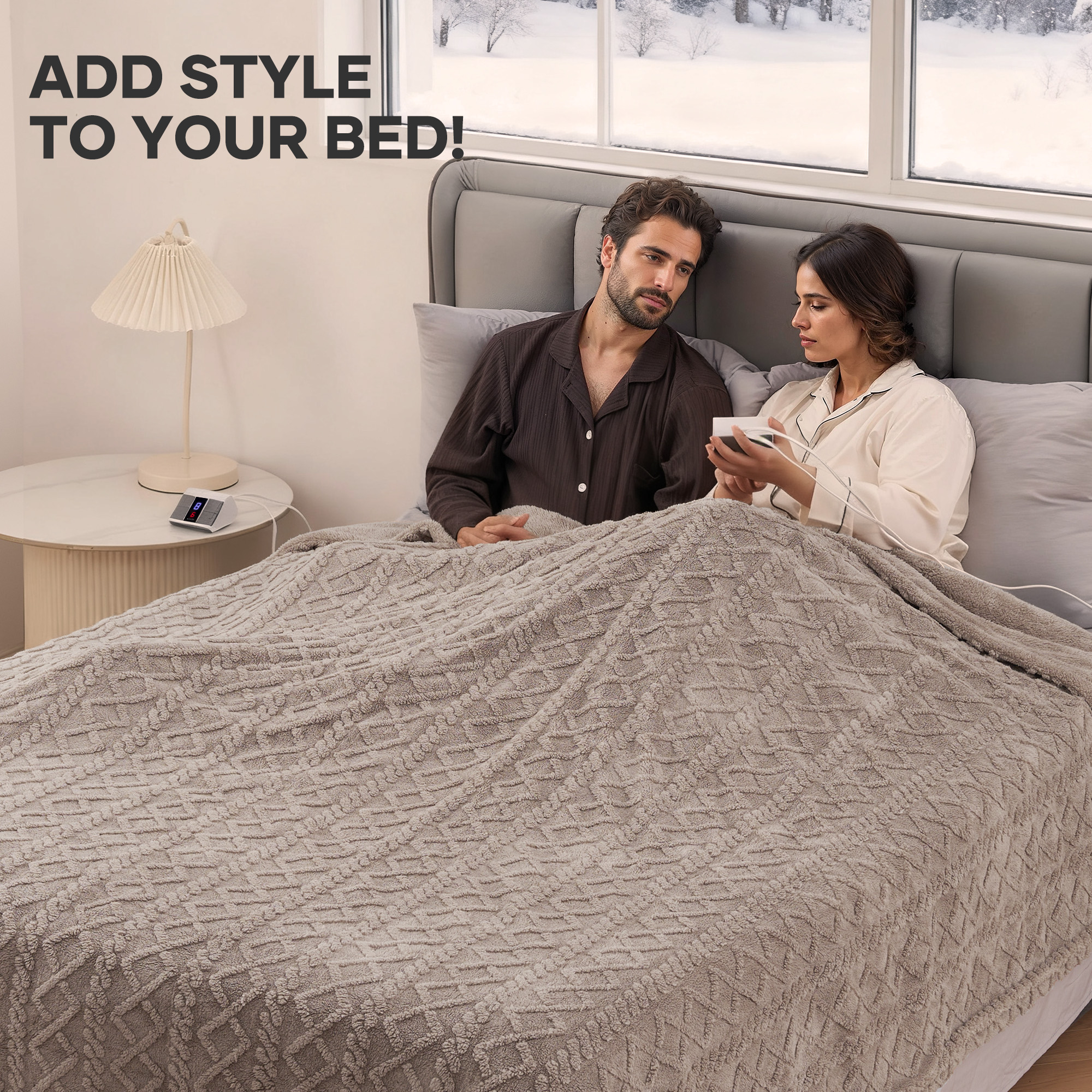 MaxKare Heated Blanket with Dual Controllers Queen Electric Blanket, 10 Heat Levels, 10H Timer, Soft Cable Knit Shu Velveteen, Linen