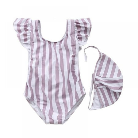 

Baozhu Toddler Baby Girl Swimsuit Beach Wear Infant Girls One Piece Ruffle Bathing Suit with Hat 1-7 Years
