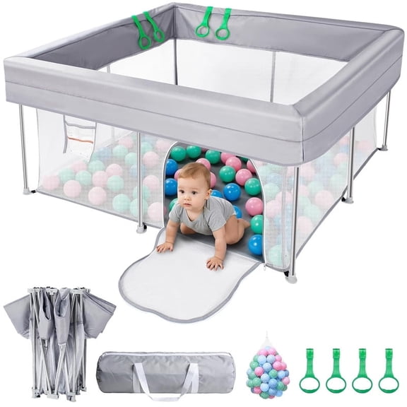 Baby Playpen, Foldable, No Assembly Required, 50x50 in, Grey