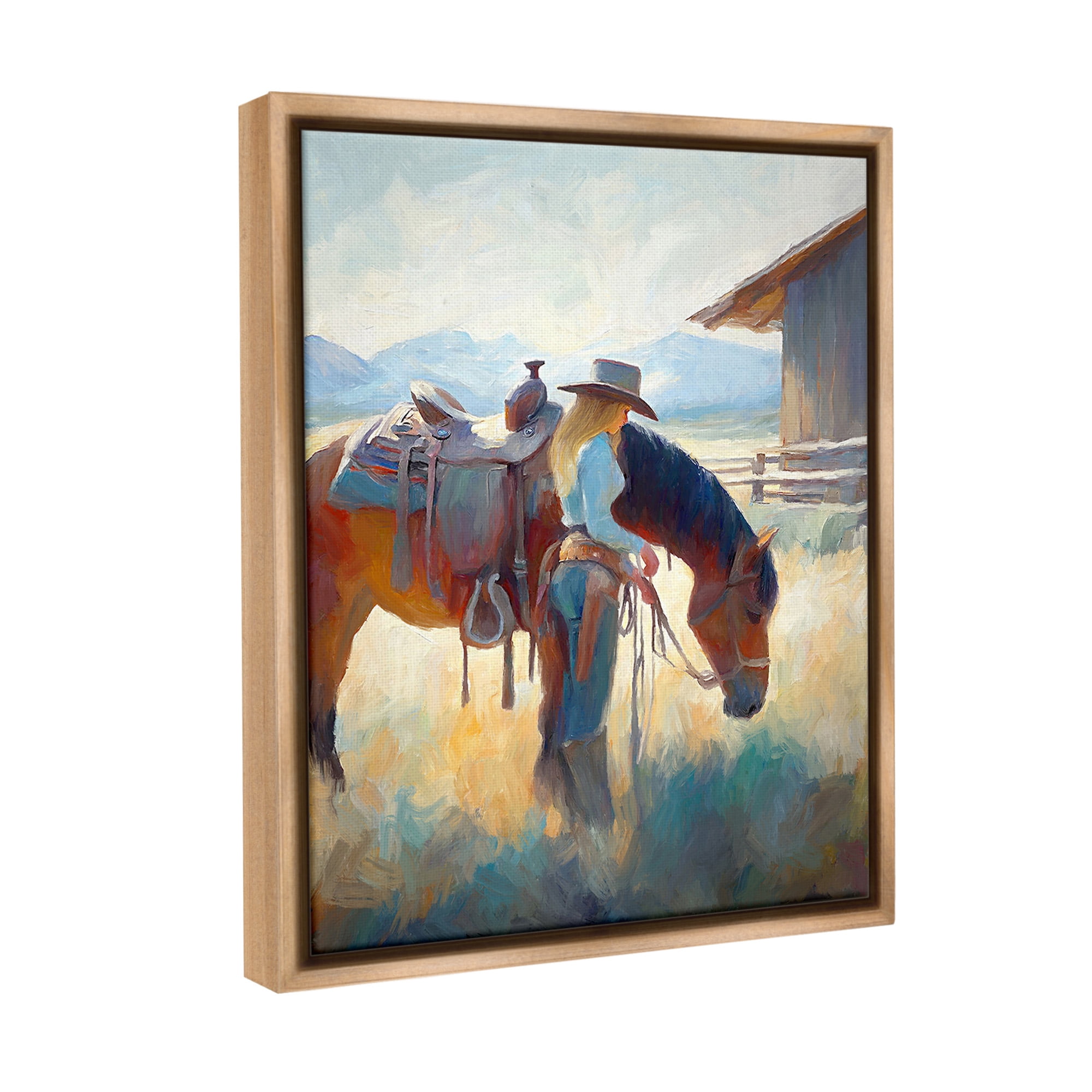 Stupell Industries Equestrian Girl & Horse Animals & Insects Painting Brown Floater Framed Canvas Art Print Wall Art, 17 x 21