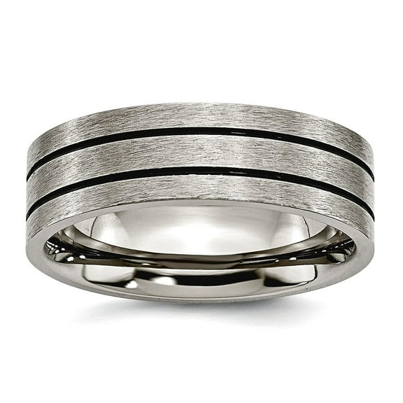 Titanium Flat Band Black Enamel Flat Grooved 7mm Brushed Band Size 9 Ring for Women and Men