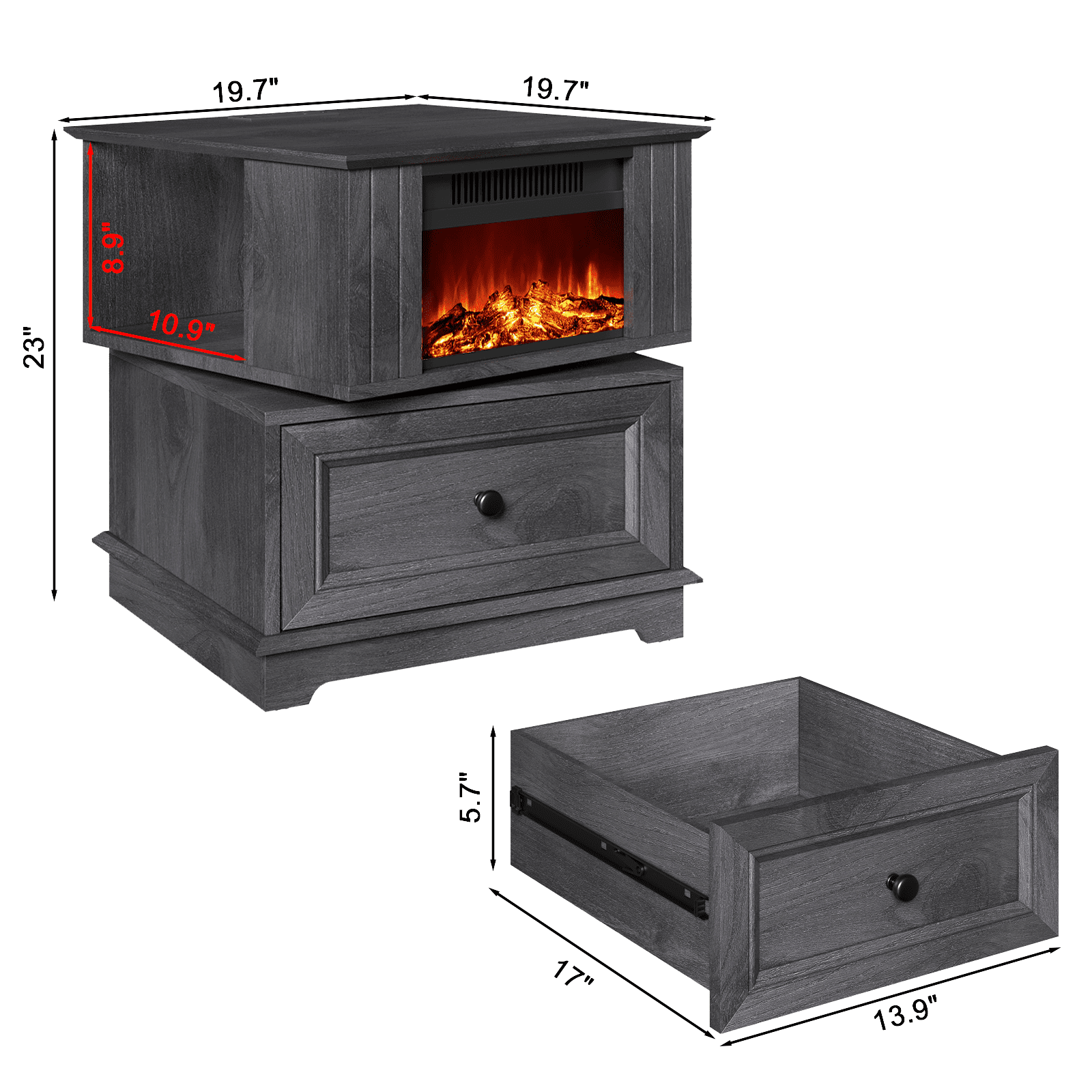 REDAYFUR Rotating End Table with 13" Electric Fireplace Screens, Side Table with Fast Charging Station, 1400W Fireplace Wooden Side Table for Living Room|Bedroom|Office, Dark Gray