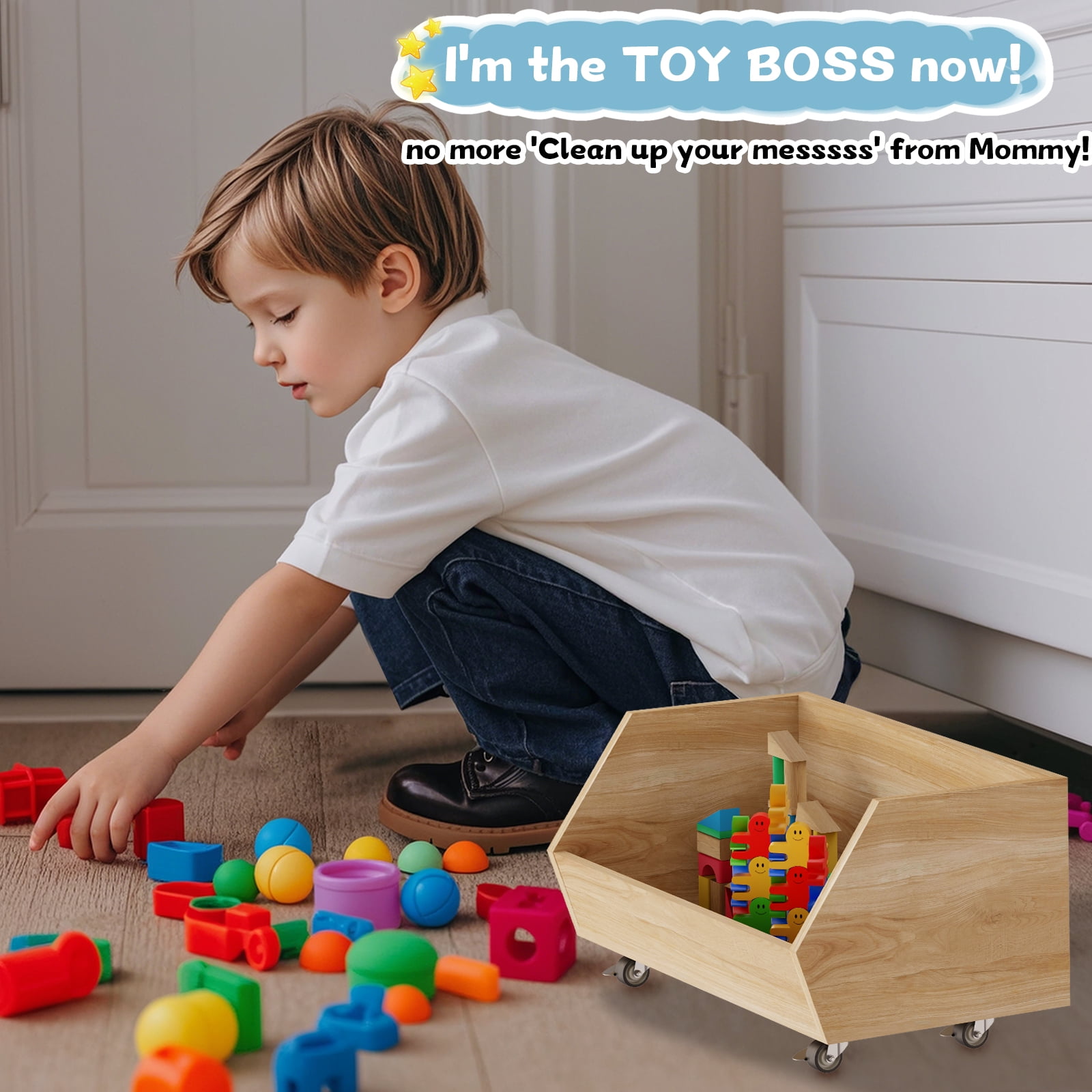 3-Tier Portable Toy Storage, Kids Toy Organizer W/2 Removable Bins with 4 Wheels（Wood)