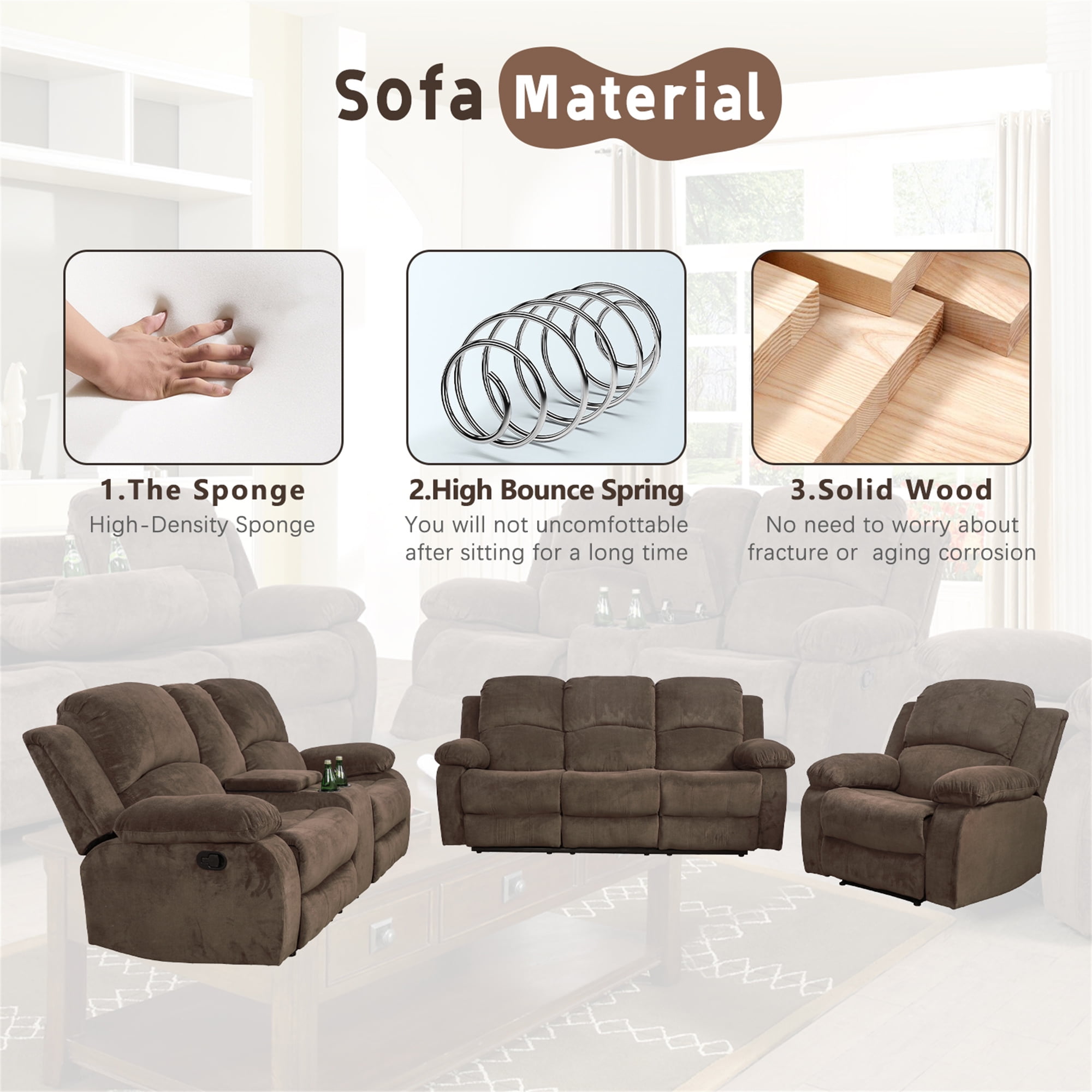 Aukfa Double Manual Recliner Chair, Overstuffed Loveseat with Cupholder for Living Room, Brown
