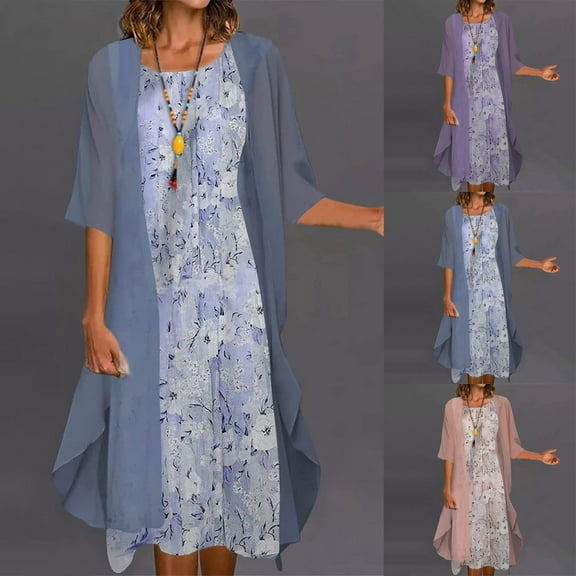 Azrian Womens Plus Size Dresses Fashion Casual Floral Printing O-Neck Sleeveless Dress Solid Coat Two-Piece Set