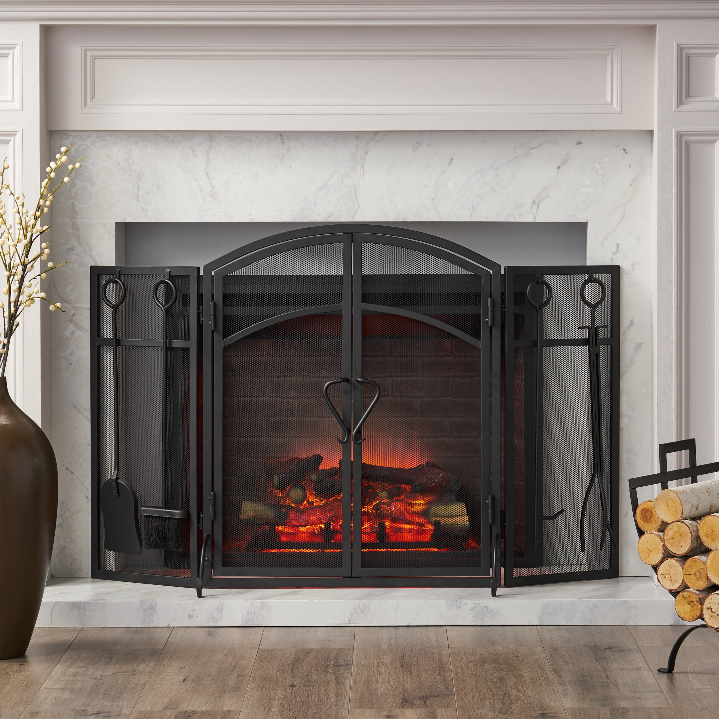 Noble House Nevaeh Modern Iron Folding Fireplace Screen with Door and Tools, Matte Black