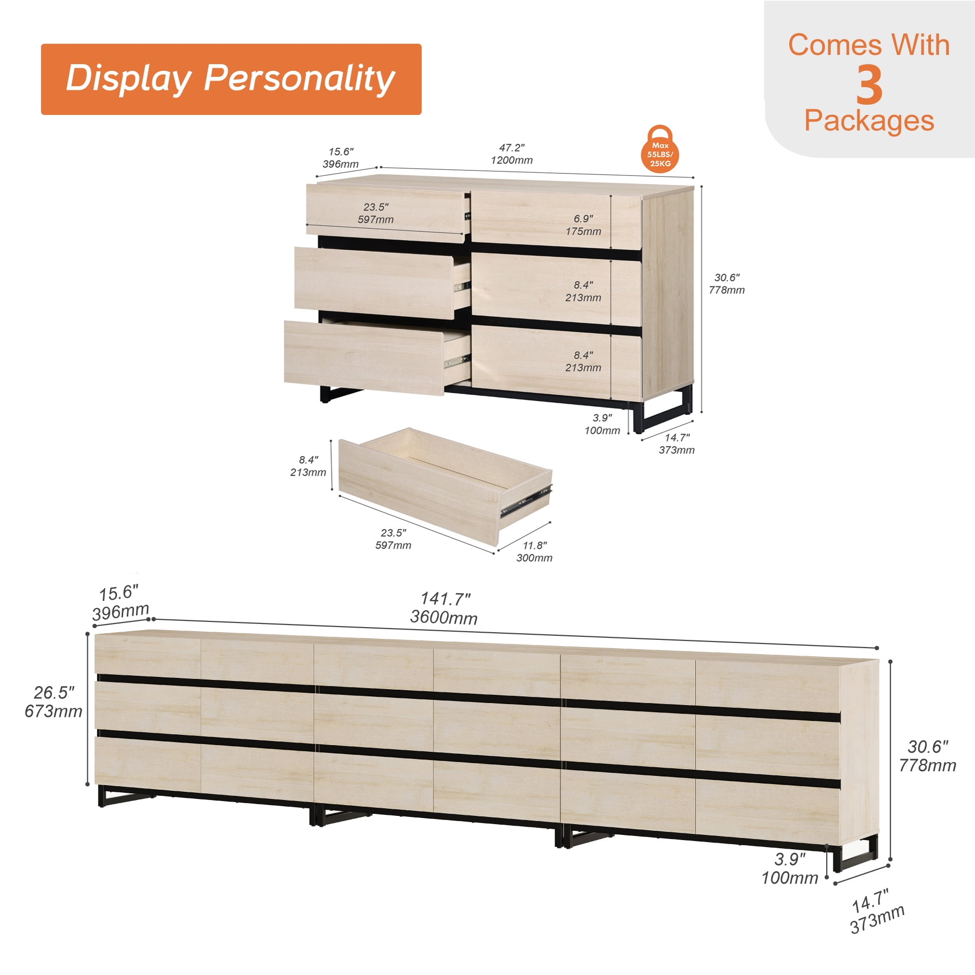 Modern TV Stand with 18 Drawers and Sturdy Metal Base, Entertainment Center Media Console for Living Room and Bedroom, Fits TVs up to 120 Inch, Beige