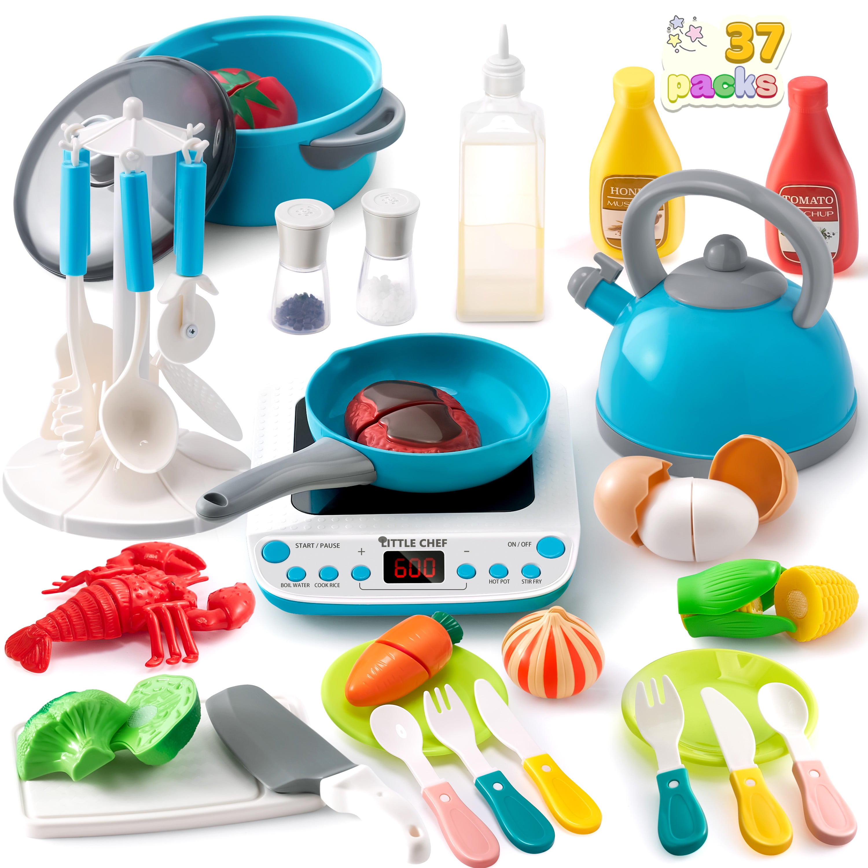 Joyfy Toy Food Set for Kids Kitchen, Pretend Play for Toddlers 1-3, Play Kitchen Appliances with Pots, Pans, Induction Cooker, Cutting Vegetables, Fake Food, Gift for Boys and Girls, Cooking Toy Set