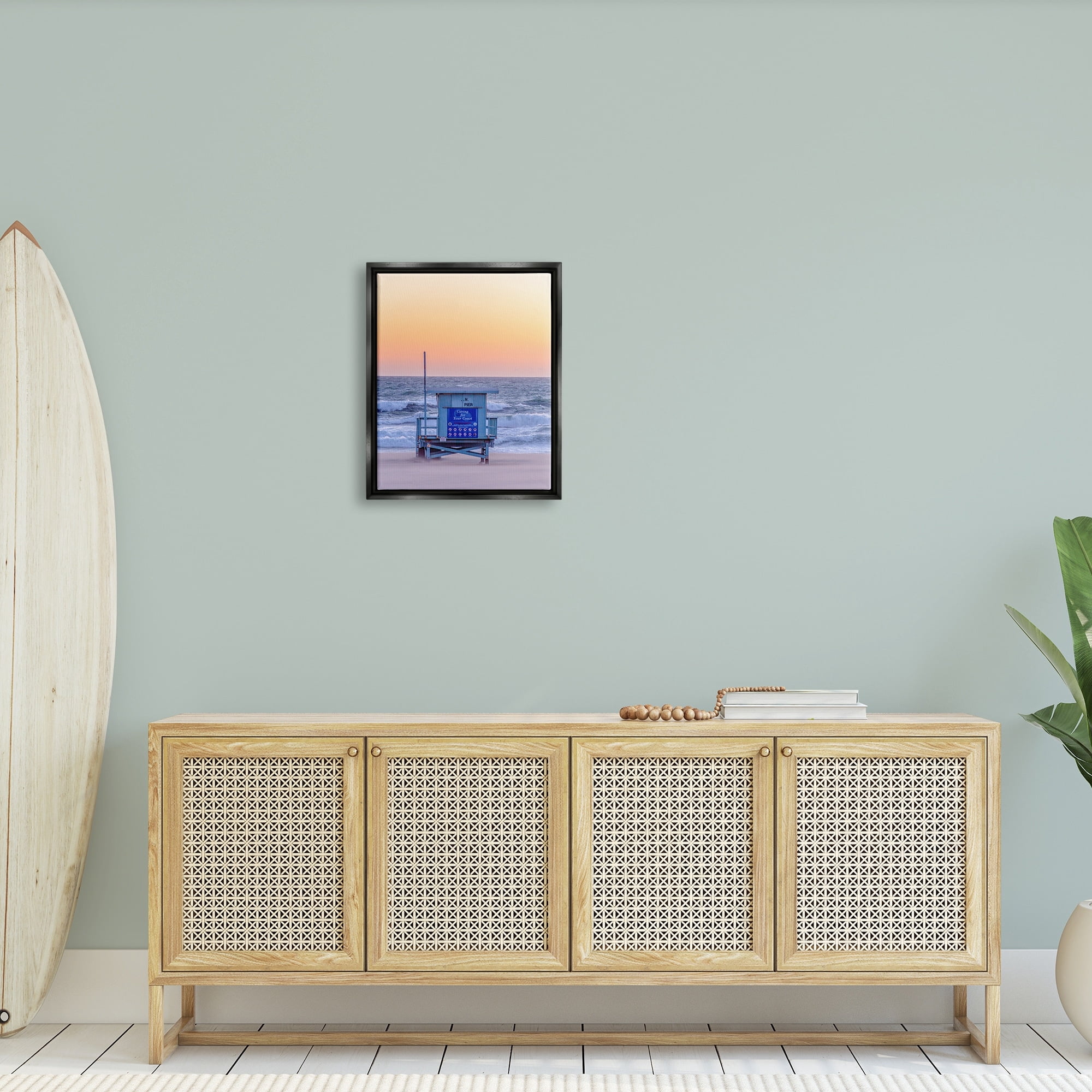 Stupell Industries Tranquil Orange Sunset Beach Hut Ocean Shore Photograph Jet Black Floating Framed Canvas Print Wall Art, Design by Jeff Poe