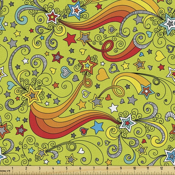 Hipster Fabric by the Yard, Continuous Stars Rainbows Stripes Curly Ornaments Colorful Pattern, Decorative Upholstery Fabric for Chairs & Home Accents, Apple Green and Multicolor by Ambesonne
