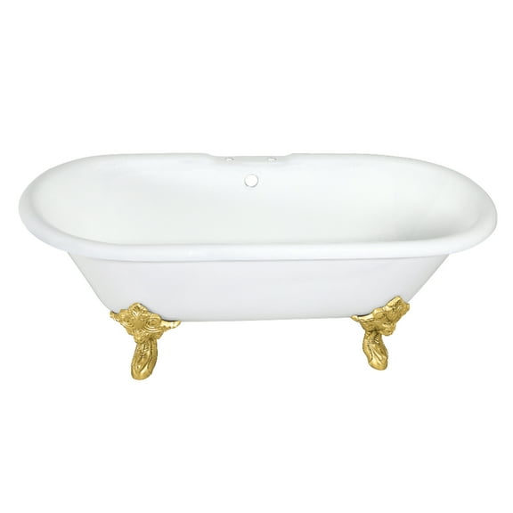 Aqua Eden VCT7DE7232NL7 72-Inch Cast Iron Oval Double Ended Clawfoot Tub (7-Inch Faucet Drillings) in White/Brushed Brass