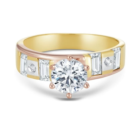 14K Tri Color Solid Gold 1 Ct. Round Cut Cubic Zirconia CZ Wedding - ENGAGEMENT RING ONLY - size 8