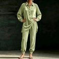 thumbnail image 6 of Szluipve 2 Piece Sets for Women Velvet 2 Piece Outfits Collared Half‑Button Lantern Long Sleeve Top Elastic Cuff Jogger Pants Set Casual Loose Matching Loungewear Suit With Pockets Green S, 6 of 6