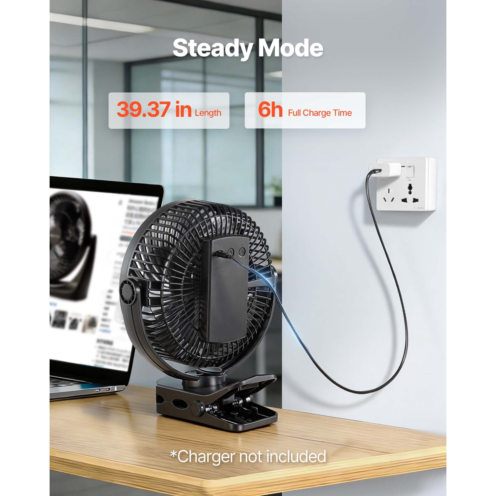 Rechargeable Clip Fan, 139 CFM with 3 Speeds + Circulation Mode, 22 Hours Runtime, Strong Clamp, Type-C Charging, Quiet Operation for Desk, Treadmill, and Travel