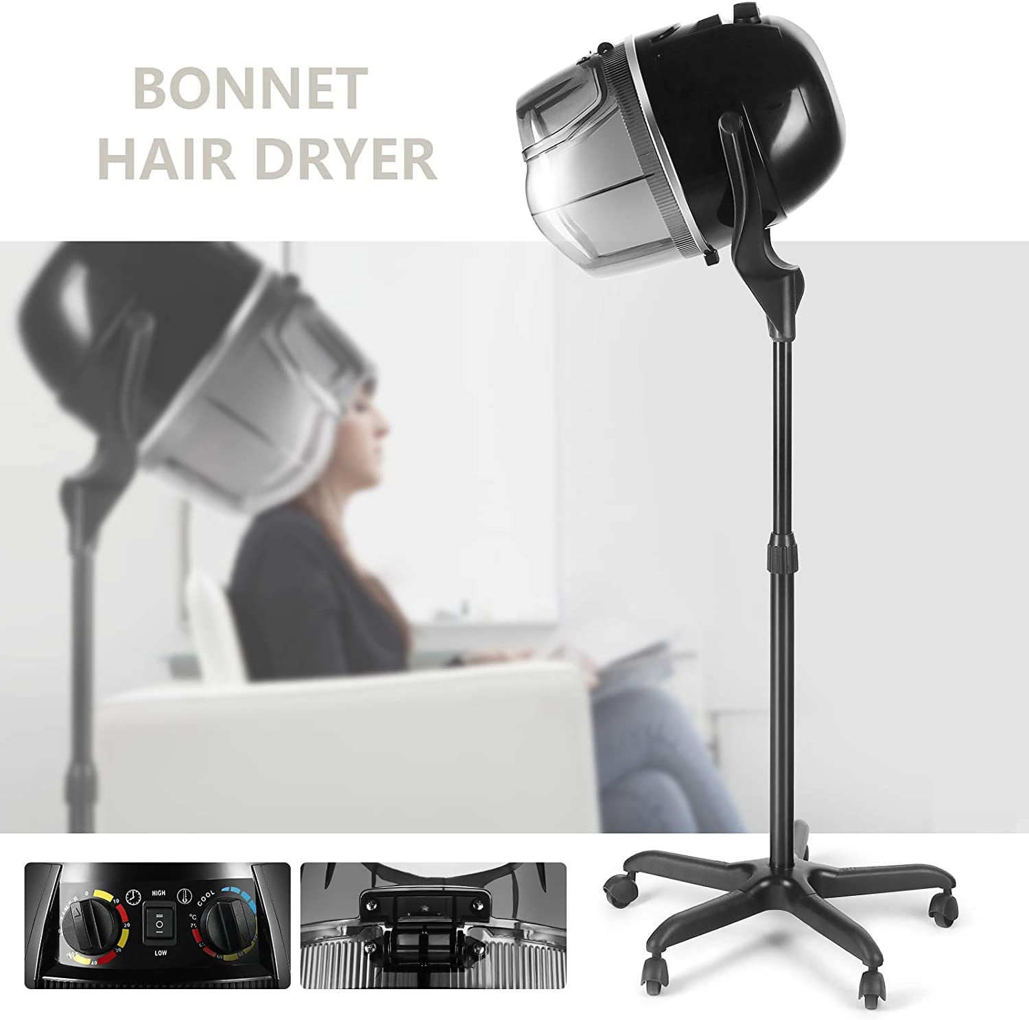 Artist Hand Bonnet Hair Dryer Adjustable Professional Salon Hooded Dryer Stand Up Rolling Base with Timer, Temperature Function