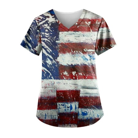 

Sksloeg Women s Scrubs Plus Size 4th Of July American Flag Print Short Sleeve V-Neck Lightweight Easy Fit Shirts Tee Tops with Pockets Royal Blue XXXXXL