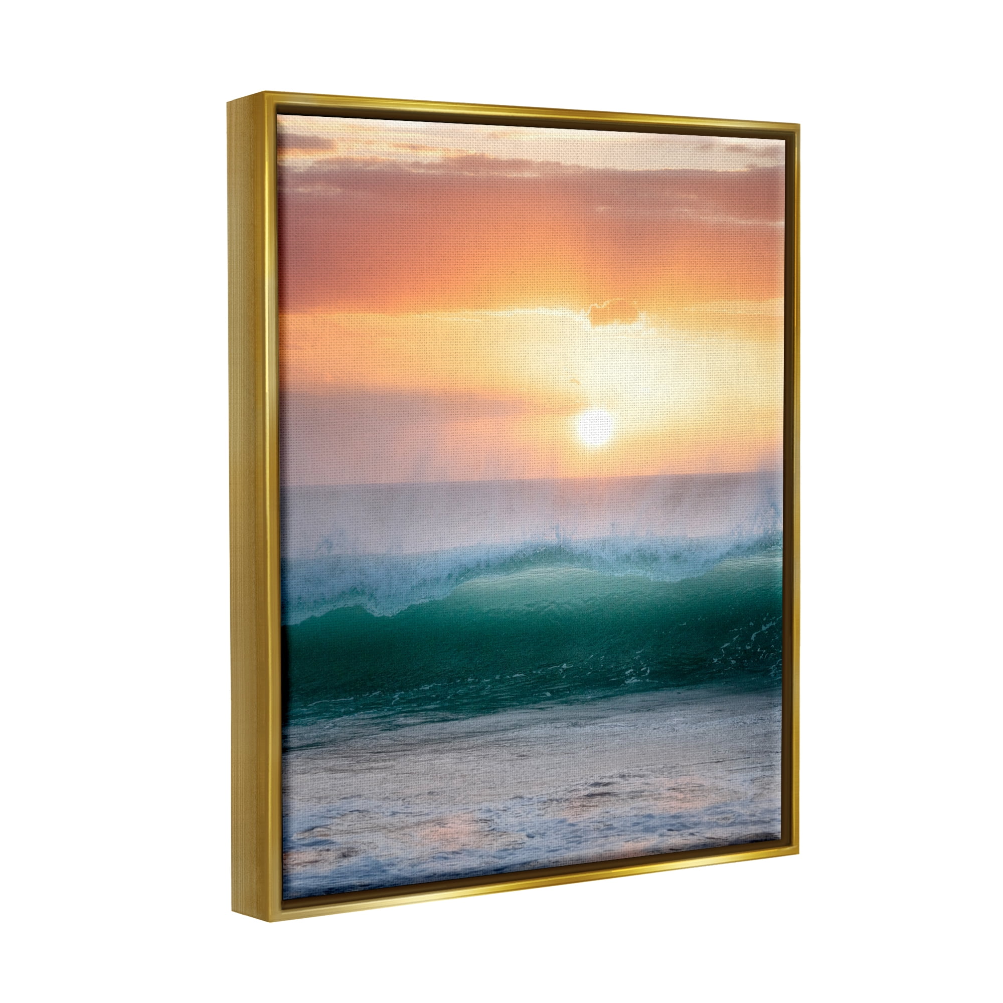 Stupell Industries Orange Sunset Rolling Ocean Waves Coastal Photography Gold Floater Framed Art Print Wall Art