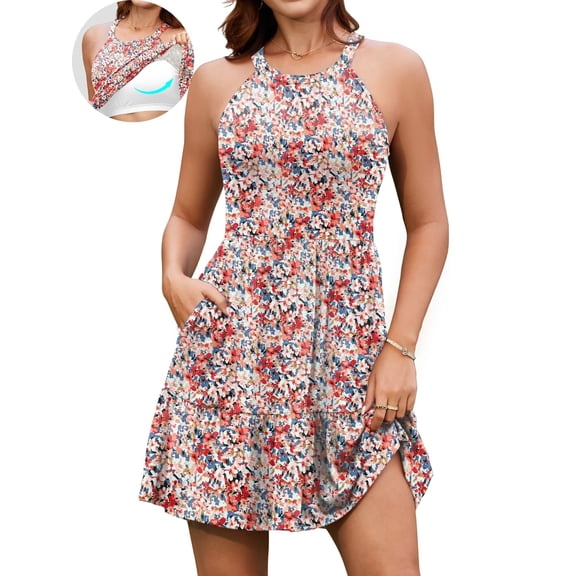 Sociala Built in Bra Summer Dress for Womens Casual Beach Sundress Flowy Halter Dress with Pockets