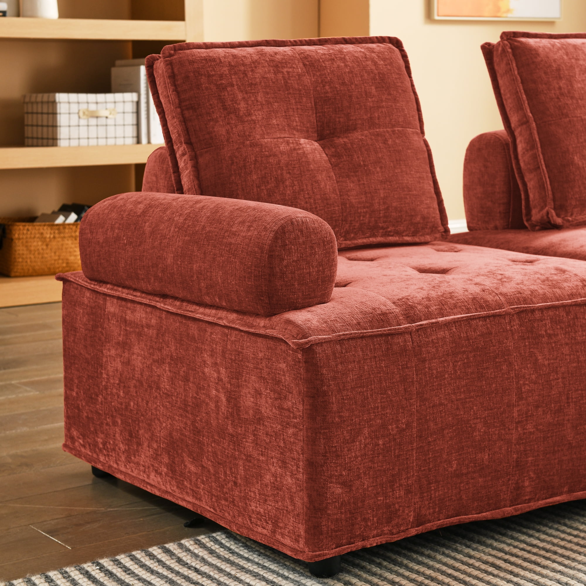 Aukfa Modern Sectional Sofa, 99" Living Room Modular Couch with Ottoman, Chenille, Red