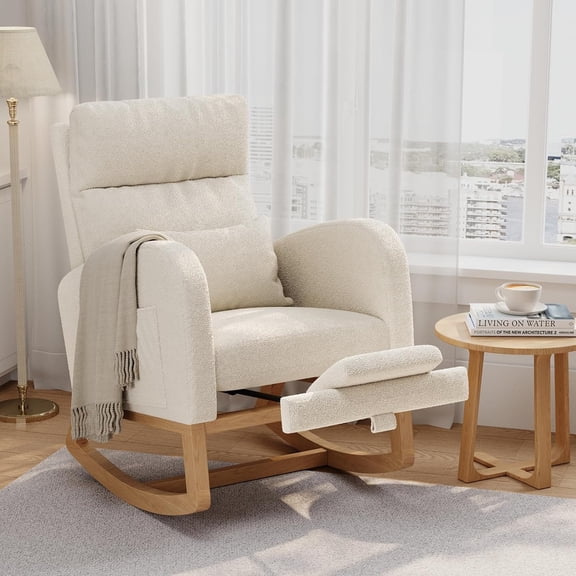 Teddy Fleece Rocking Chair with Extendable Footrest Side Pockets and Pillow for Nursery White