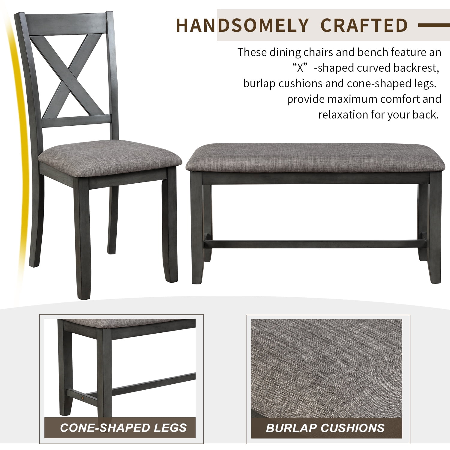 Kadyn Rectangular Dining Table Set 6 Pc, Wooden Modern Dining Chairs Seat, 6-piece Kitchen Dining Table Set Dining Table, 4 Dining Chairs and Bench, Gray Kadyn Rectangular Dining Table Set 6 Pc, Wooden Modern Dining Chairs Seat, 6-piece Kitchen Dining Table Set Dining Table, 4 Dining Chairs and Bench, Gray