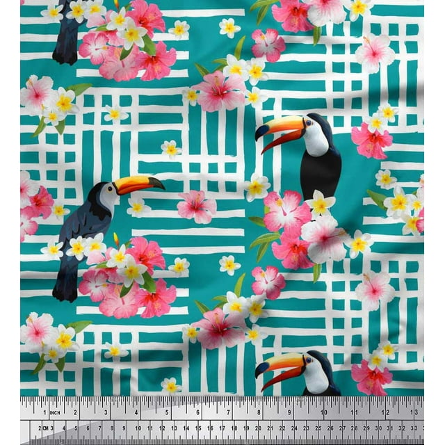 Soimoi Green Polyester Crepe Fabric Floral & Toucan Bird Print Sewing Fabric BTY 52 Inch Wide