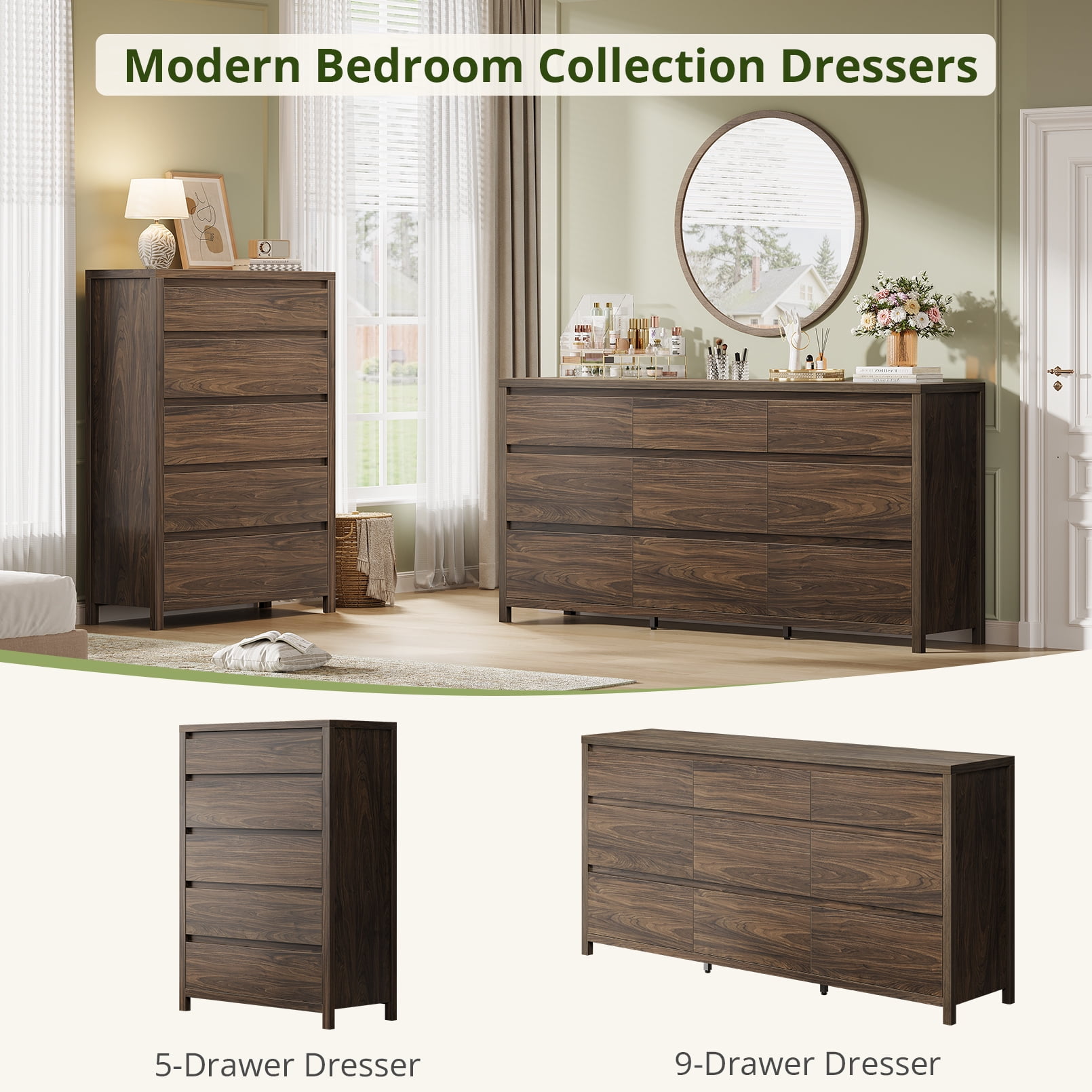 5 Drawer Dresser for Bedroom, 48" Tall Wooden Closet Dresser with Smooth Drawer, Large Tall Dressers & Chests of Drawers for Bedroom Living Room, Walnut Dresser