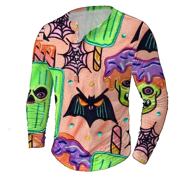 gldaond Halloween Round Neck Sweatshirts for Men Cute Bats Print Pullover Tops Casual Long Sleeves Button Up Loose Fit T-Shirts