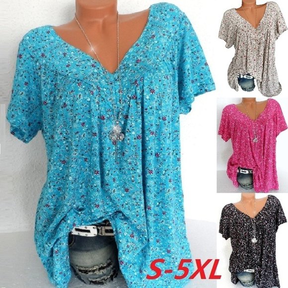 Blouse à Manches Courtes à Col en V Imprimé pour Femmes Grande Taille, Chandail à Enfiler, Hauts Chemise, Été, Hauts Amples Grande Taille pour Femmes en Solde