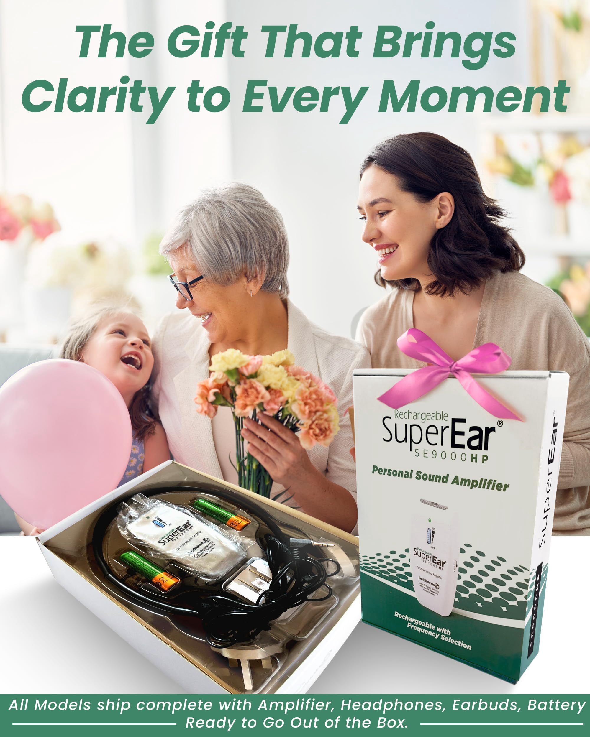 SuperEar Rechargeable Personal Sound Amplification SE9000HP Complete System 50dB, 3 Tone Frequency