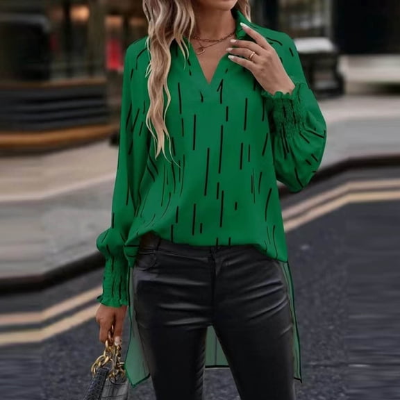 Lilgiuy Women's Summer V-Neck Printing Irregular Hem Long Sleeve Lapel Shirt for Women Trendy