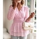 thumbnail image 4 of Blusa elegante de manga larga con cintura fruncida, cuello en V, dobladillo con volantes y jacquard de color puro a la moda para citas, color rosa L, 4 of 8