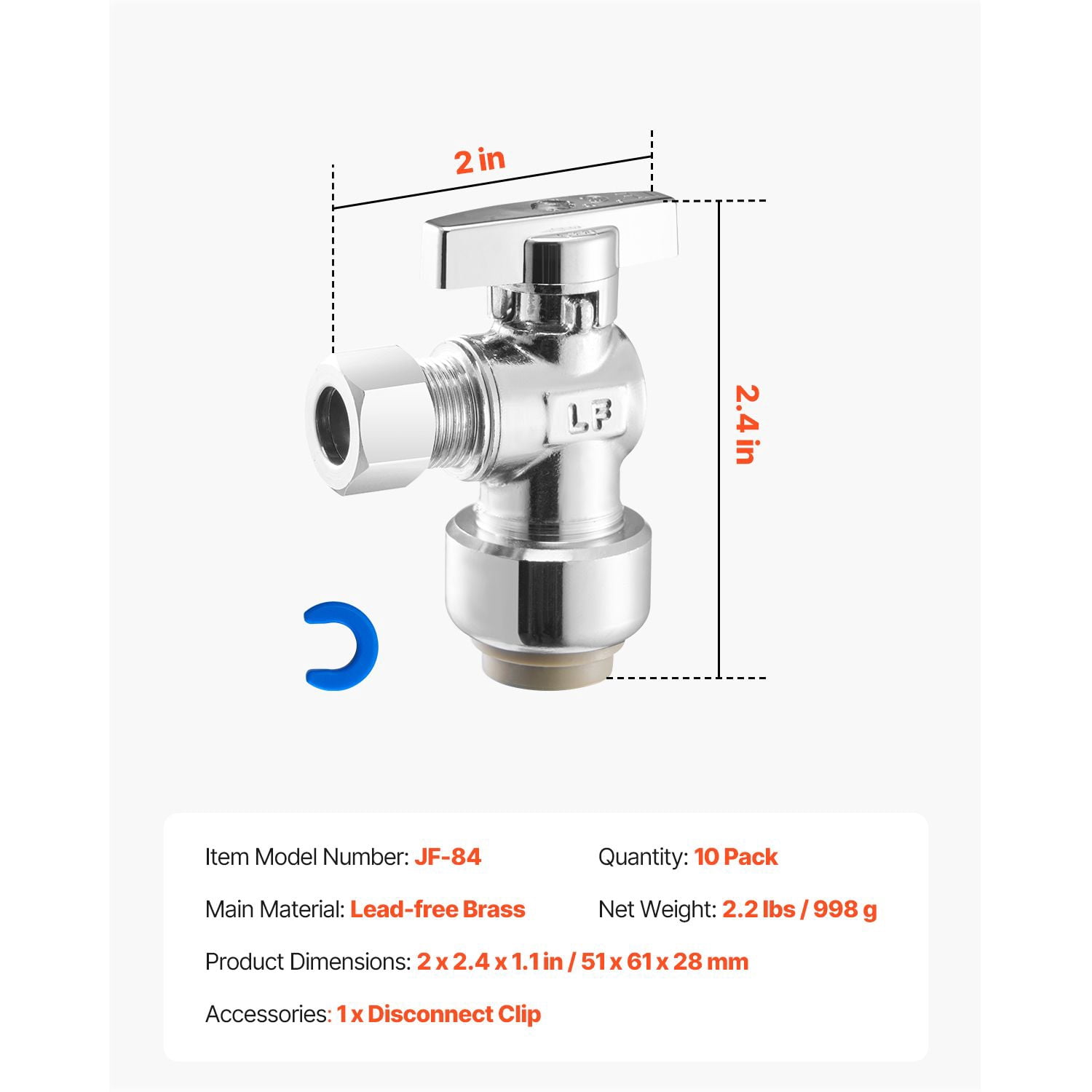 Angle Stop Valve 10-Pack, 1/2" PTC Push-to-Connect Inlet to 3/8" OD Compression Outlet, Lead-Free Brass with Chrome Finish, 1/4 Turn Shutoff for Water Control