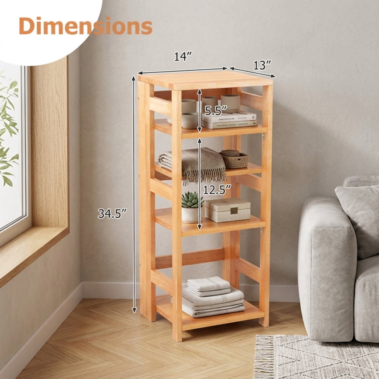 Furnibear 4-Tier Bookshelf Rubber Wood Bookcase with Side Fences for Living Room-14 inches for Living Room Home Office Bedroom Display, Natural