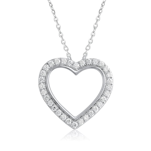 DewberryDiamonds 14K White Gold Plated Over 925 Sterling Silver Open Heart Pendant | 1/4 cttw Round Cut Certified Lab Grown Diamond Necklace With 18" inch Chain (Clarity: VS, Color: EF, 0.25 cttw)