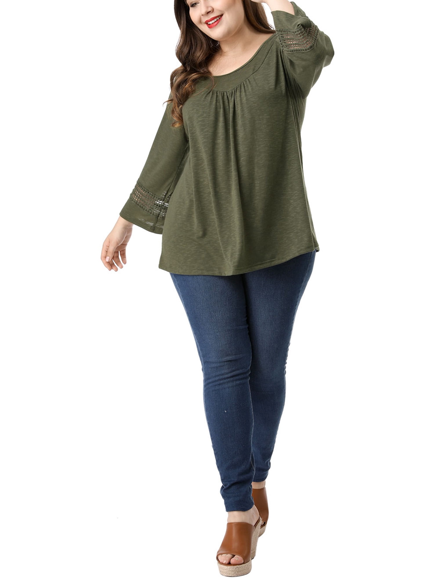 Unique Bargains Juniors' Plus Size Crochet Panel Kimono Raglan Sleeves Ruched Front Top Green 4X