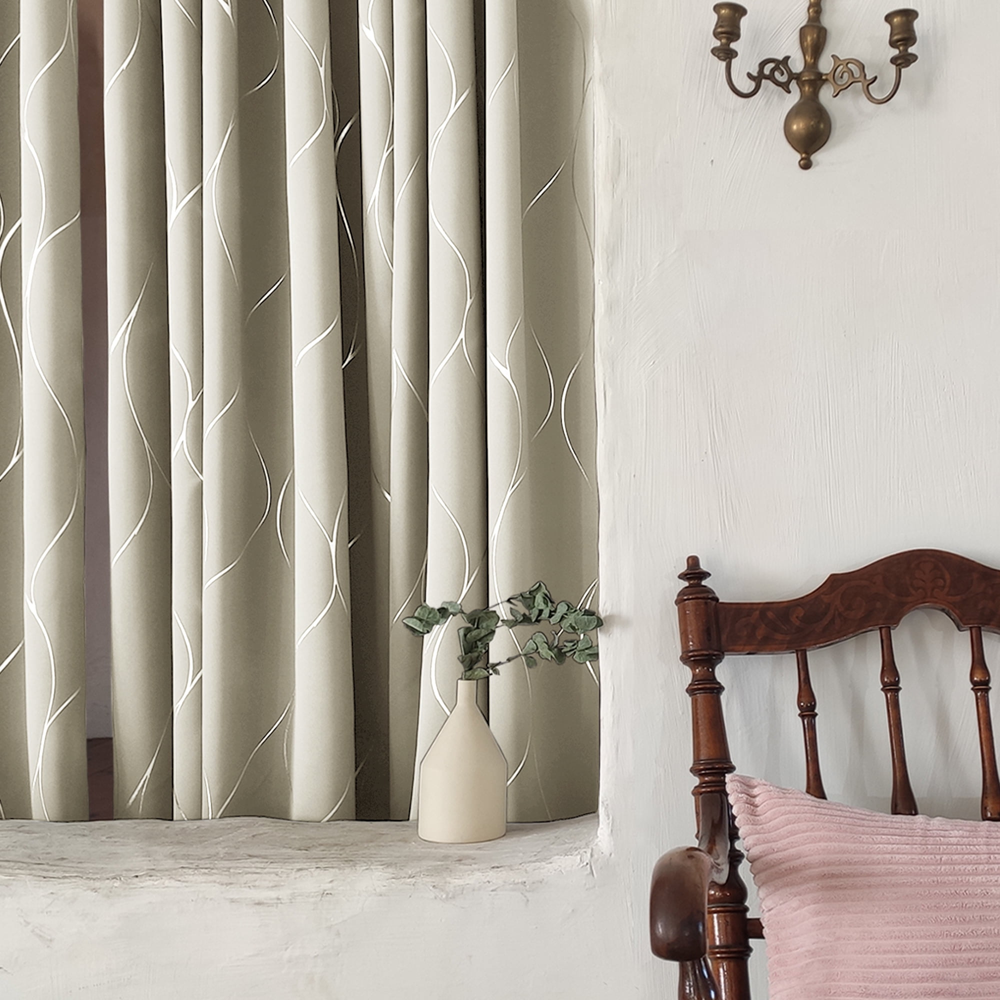 Deconovo Blackout Wave Foil Print Room Darkening Thermal Insulated Curtain 52W x 63L inch, 2 Panels, Light Beige