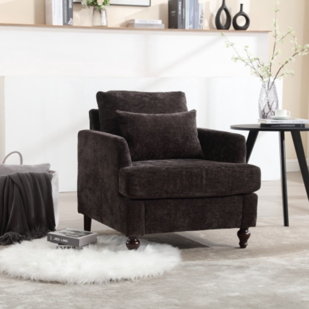Accent Chair, Mid Century Modern Chenille Armchair with Tufted Back, Studded Solid Wood Frame, Upholstered Lounge Chair for Living Room, Bedroom, Black