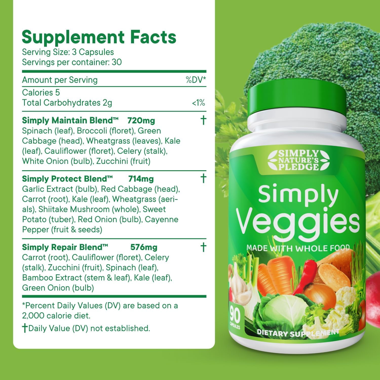 Simply Nature's Pledge - Made with Whole Food Superfoods, Packed with Beta Carotene & 18 Different Vegetables - 100% Soy Free - 90 Veggie Capsules
