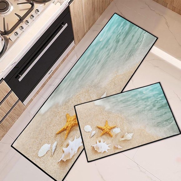 Summer Beach Kitchen Rugs Set - Seashore Starfish Shell Mats, Non-Skid Washable Tropical Beach Runner Rug, Summer Kitchen Decor, Set of 2, Adds a Relaxing Coastal Vibe