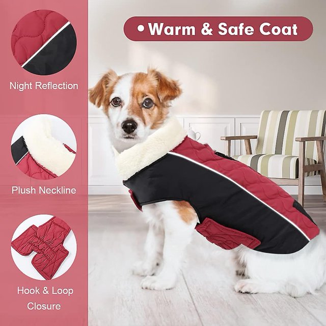 Abrigo para perros Reversible reflectante Abrigo de invierno para perros Cuello peludo Abrigo cálido para perros con bolsillo Chaqueta para perros para clima frío Agujeros de correa dobles Resistente al agua D XianweiShao 8390612072710