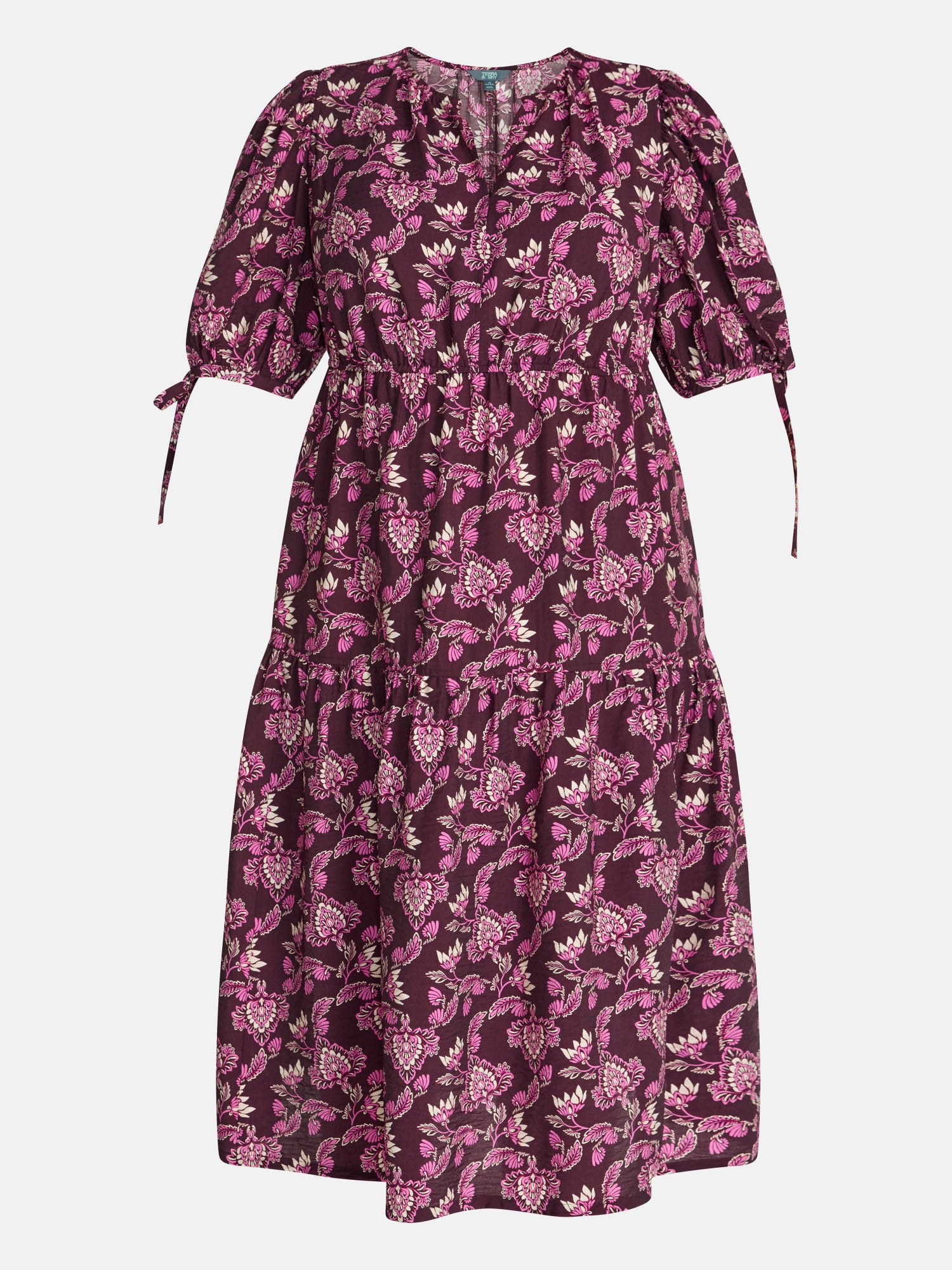 Terra & Sky Women’s Plus Tiered Midi Dress with Short Puff Tie Sleeves, Sizes 0X-5X