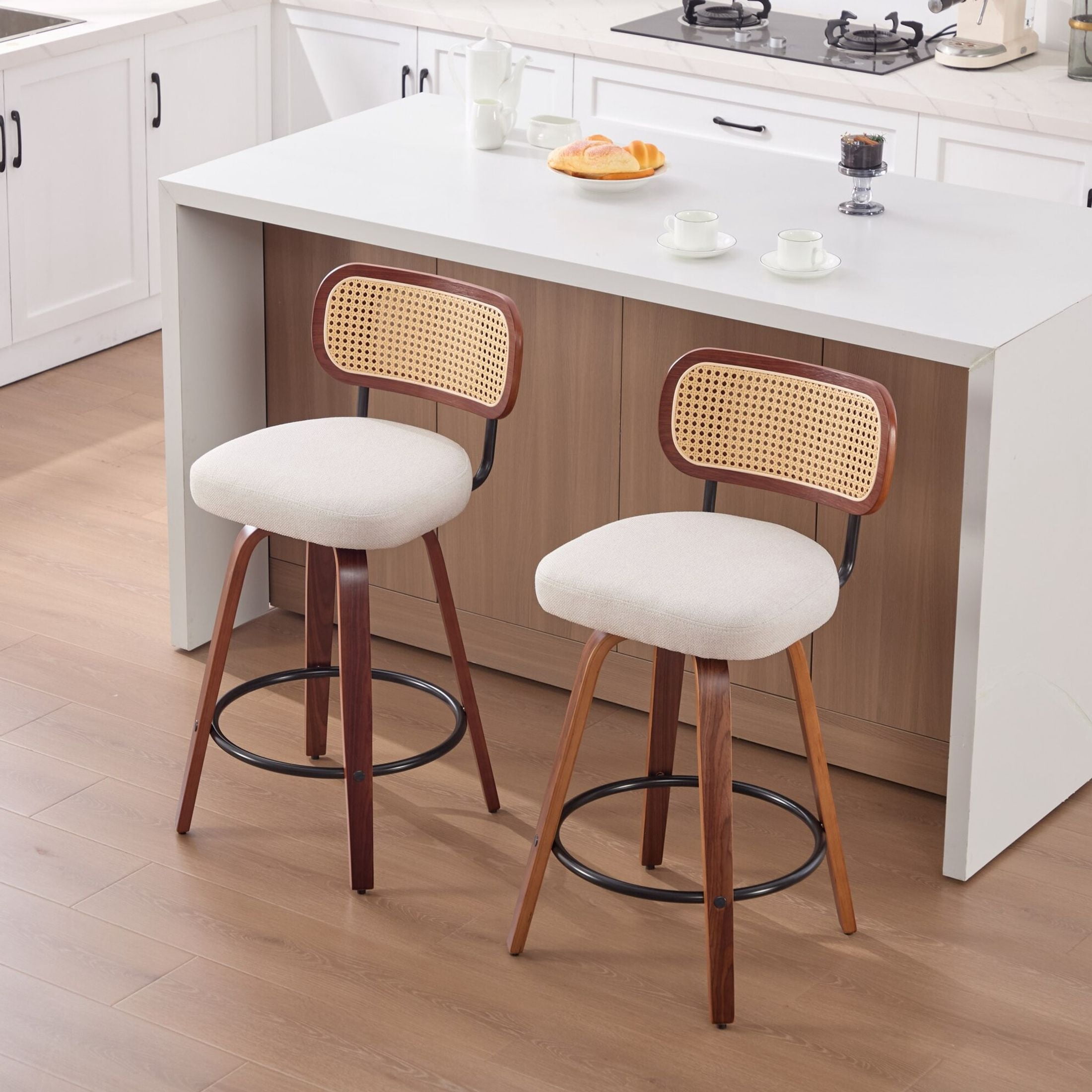 Noble House Set of 2 Counter Height Bar Stools, Cane Back, Linen Upholstered Seat, Walnut + Beige