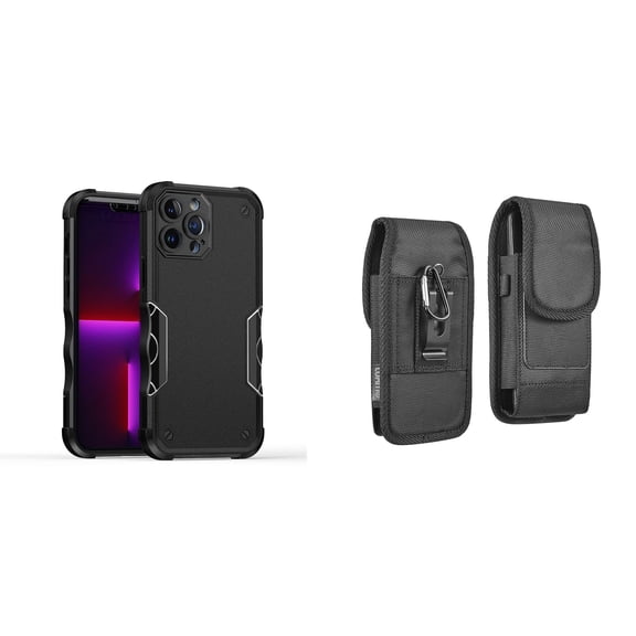 Case with Belt Holster Bundle for iPhone 14 Plus: Slim EX Hybrid Series Shockproof Case (Black) and Vertical Rugged Nylon Phone Pouch