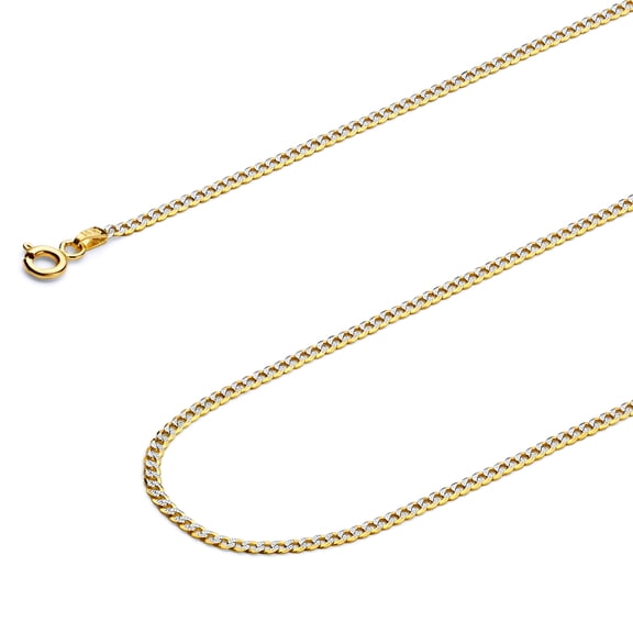 Wellingsale 14k Two Tone Yellow and White Gold Polished Solid 2mm Cuban Concaved Curb White Pave Diamond Cut Chain Necklace with Spring Ring Clasp - 18"