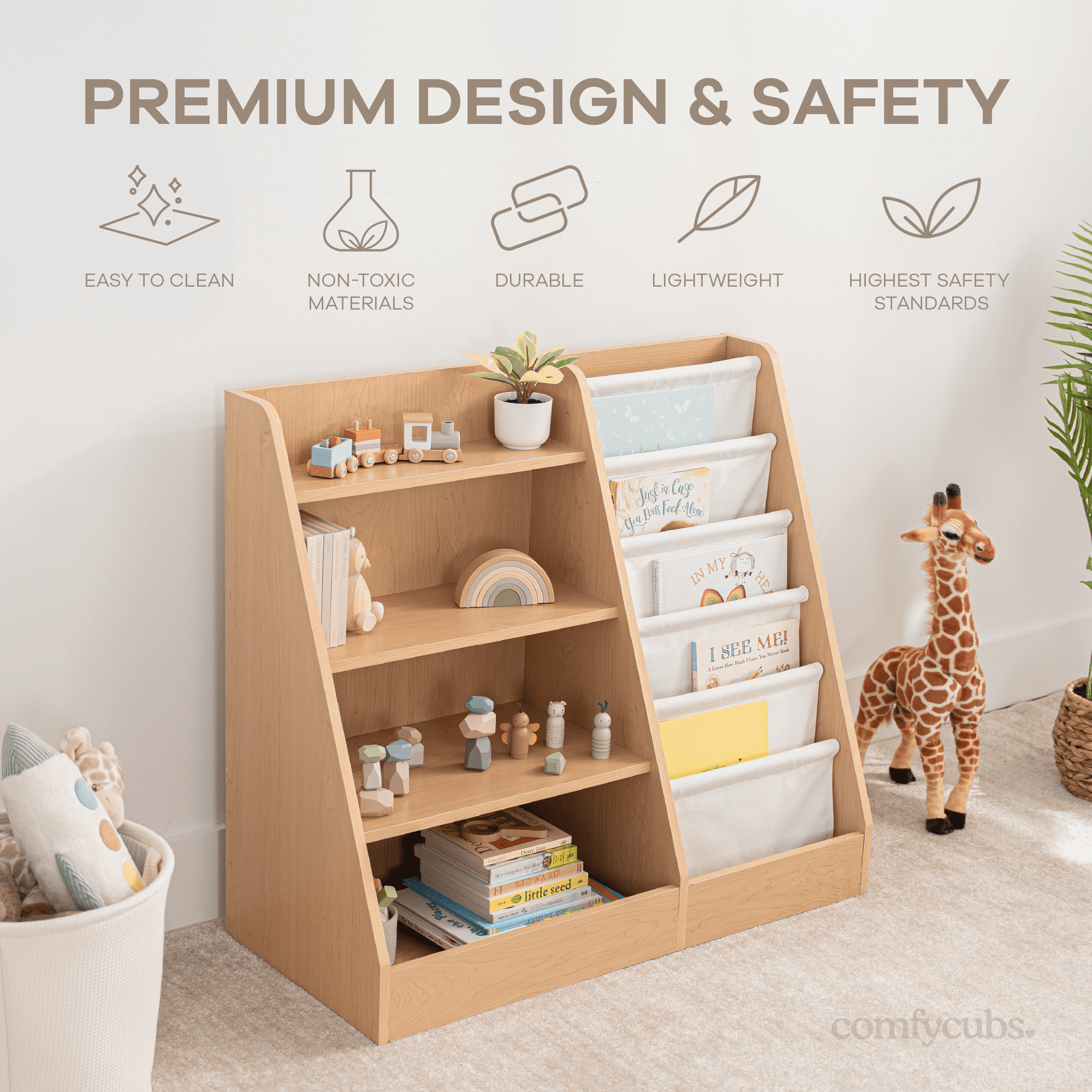 Comfy Cubs Kids Bookshelf 35.2 x 15.7 x 31.5 in - Montessori Book Shelf Storage Organizer - Wood
