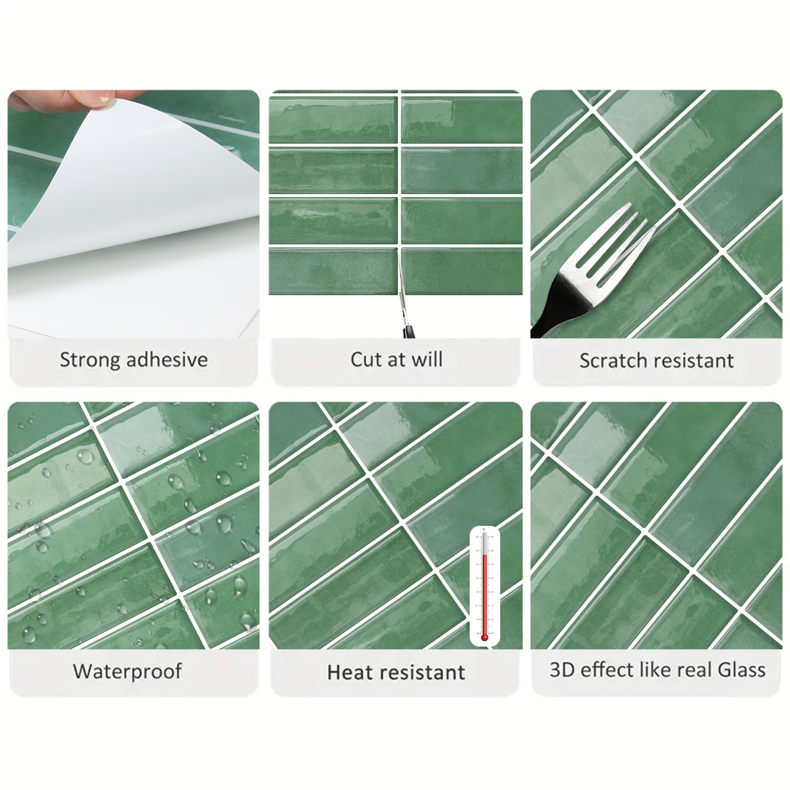 DEWOO Peel and Stick Backsplash - 10 Sheets of 12"×12" - 3D Adhesive Peel and Stick Tile Backsplash for Kitchen, Bathroom, Wall Tile, Light Green