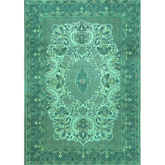 Ahgly Company Machine Washable Indoor Rectangle Medallion Turquoise Blue Traditional Area Rugs, 3' x 5'