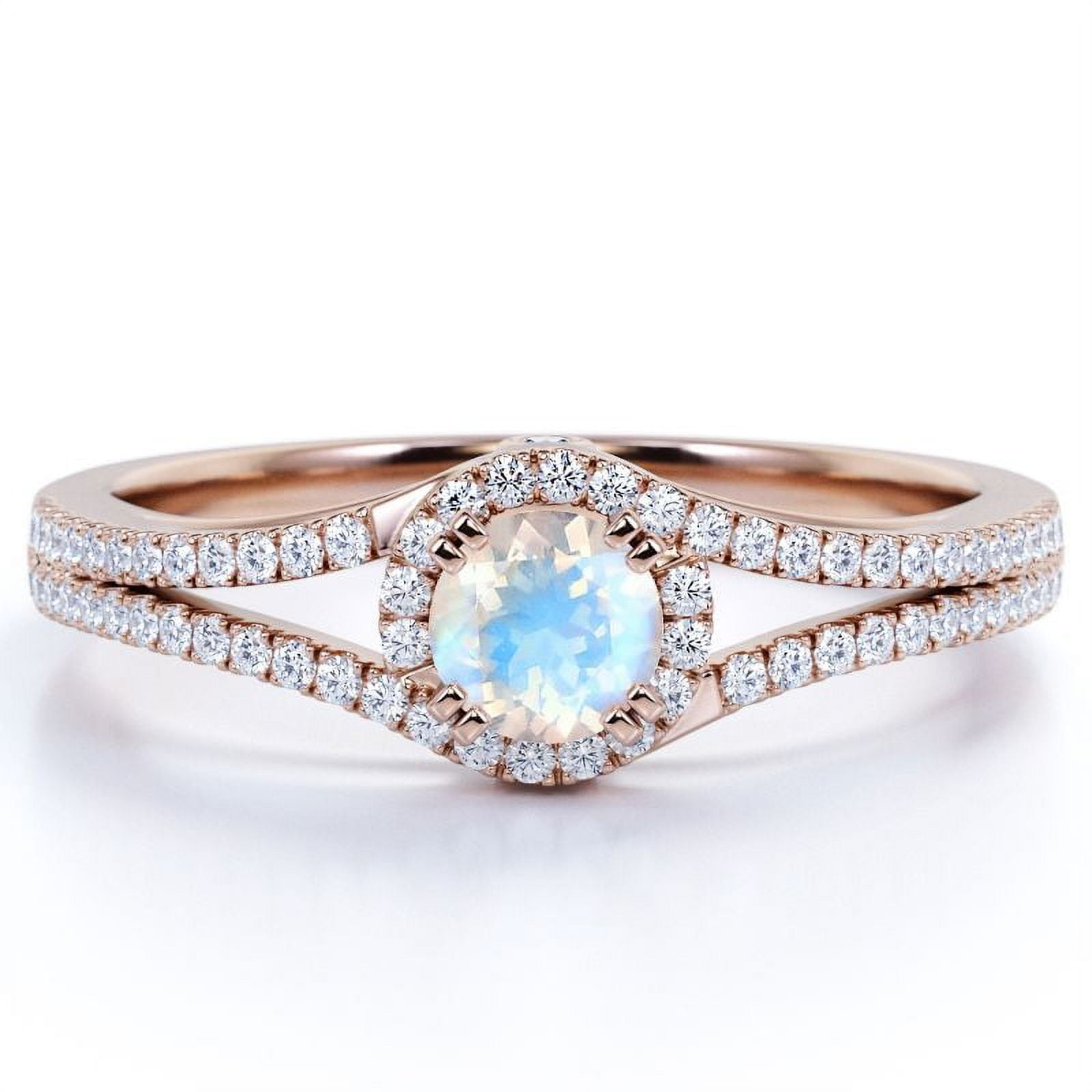 JeenMata Vintage 0.83 ct Round Rainbow Moonstone and Moissanite Split Shank Engagement Ring in 18K Rose Gold over Silver