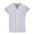 thumbnail image 5 of POTETI Summer Shirts for Women Cotton and Linen Womens Tops High Neck Short Sleeve Blouse, 5 of 5